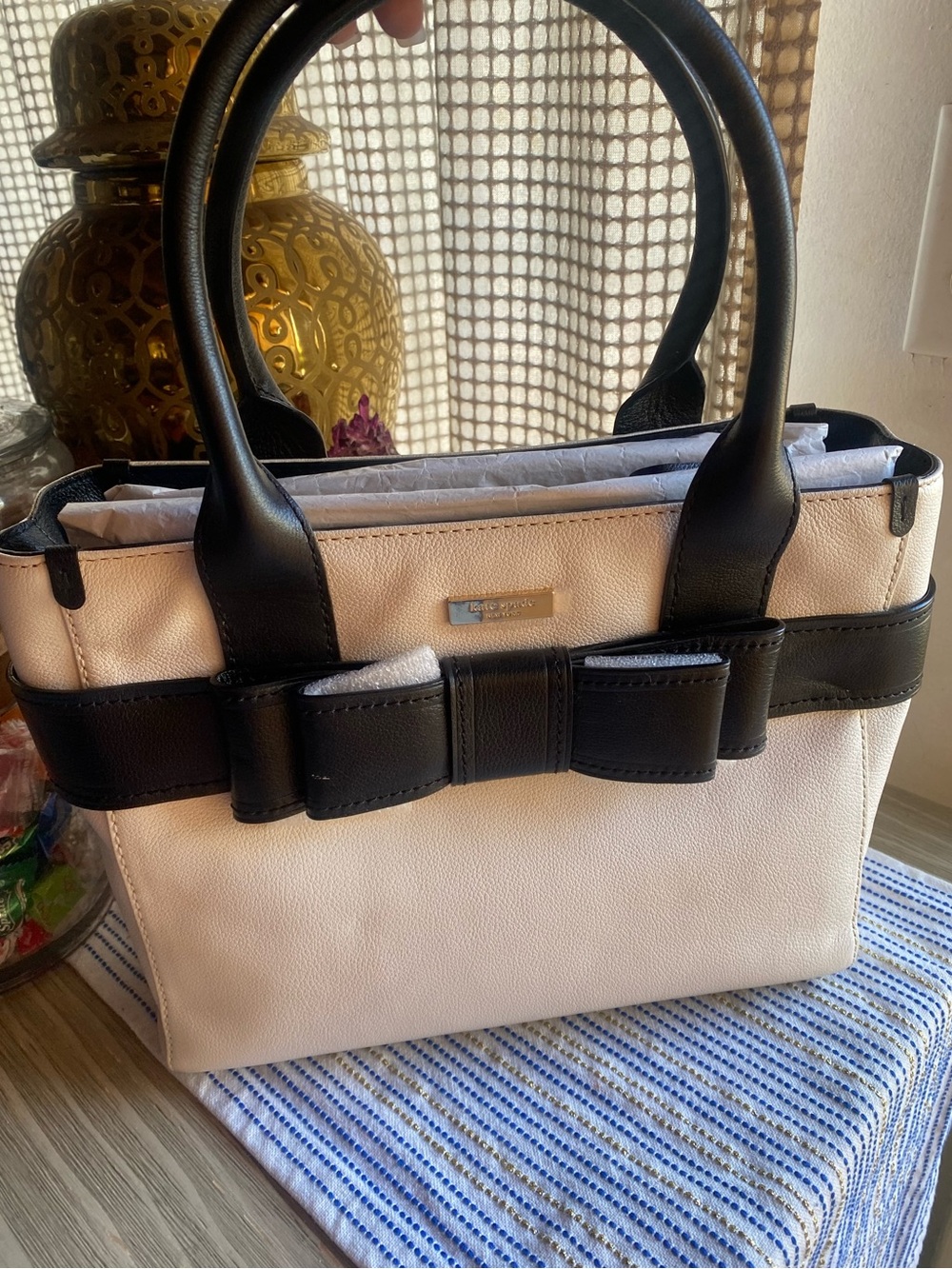 kate spade Cream and Black Bow-Trim Satchel Handbag NWT